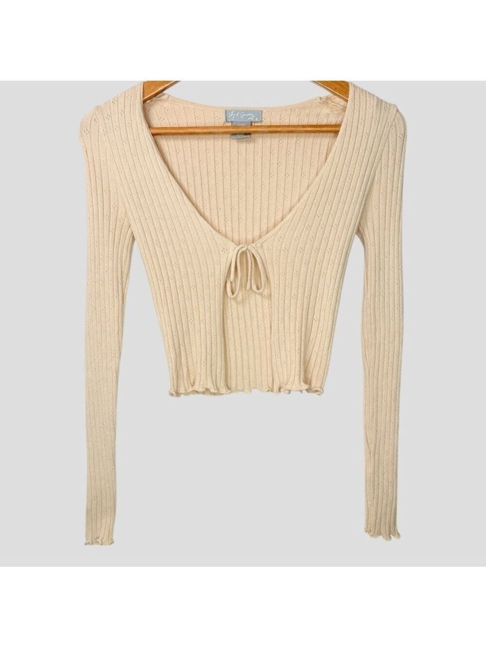 90s Ribbed Knit Tie Front Crop Top XS Beige Pointelle Long Lettuce Hem